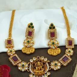 Diksha collection Brass-Plated Stone Studded Matte Finish Temple Jewellery Set-image-57
