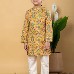 Readiprint Fashions Boys Floral Printed Mandarin Collar Cotton Straight Kurta With Trouser-38