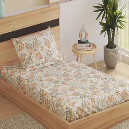 Home Centre Oxford Brown & White Floral Cotton 200 TC Single Bedsheet Set-2.28 m x 1.52 m-image-21
