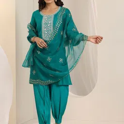 Libas Floral Yoke Design Sequinned Straight Kurta With Trousers And Dupatta-10
