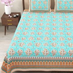 Myntra Elegant Homes Sea Green & Orange Floral 180 TC King Bedsheet with 2 Pillow Covers-picture-1