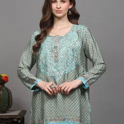 Exotic India Women Short Kurti with Chikankari Embroidery on Neck and Printed Bootis-image-93
