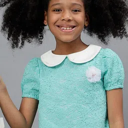 One Friday Peter Pan Collar Puff Sleeve Cotton Lace Top-image-89