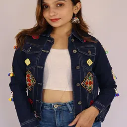 Prijam Women Spread Collar Solid Lightweight Ethnic Denim Jacket-image-4