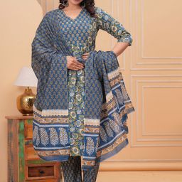 SINGNI Floral Printed A-Line Pure Cotton Kurta With Trousers & Dupatta-58