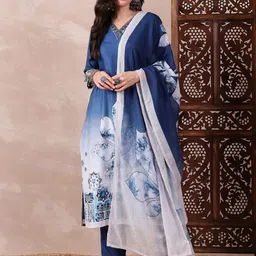 KALINI Floral Printed V-Neck Sequinned Straight Kurta With Trouser And Dupatta-picture-0