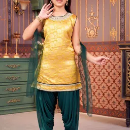 Sangria Girls Embroidered Brocade Art Silk Straight Kurta With Patiala & Dupatta-picture-12