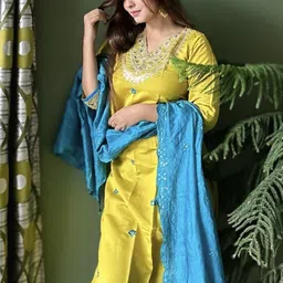 VredeVogel Floral Embroidered V-Neck Thread Work Straight Kurta With Trouser And Dupatta-picture-58