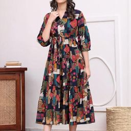 Suha Abstract Printed Puff Sleeve Fit & Flare Midi Dress-picture-29