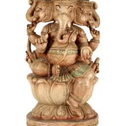 Exotic India Beige & Green Lord Ganesha Wooden Religious Idol Showpiece-image-52