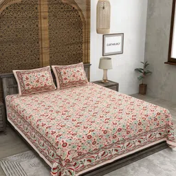 CLOTHOLOGY Peach-Coloured & Green Floral 180 TC King Bedsheet with 2 Pillow Covers-picture-17