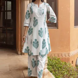 FIORRA Women's White Cotton Flared Kurta Set-21