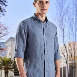Nautica Button-Down Collar Premium Fit Linen Casual Shirt-image-70