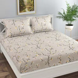 Florida Grey & Beige Floral 130 TC Bedsheet with 2 Pillow Covers-picture-32