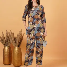 FebQ Printed Notch Neck Tunic With Trousers-picture-2