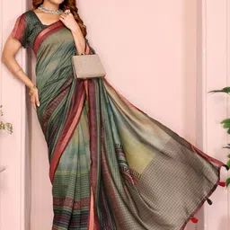 KALINI Green Printed Cotton Blend Chanderi Sarees-picture-32