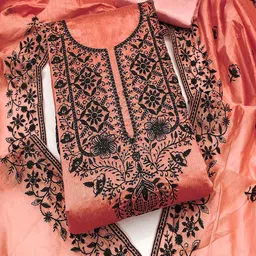Women's Peach Floral Embroidered Chanderi Silk Unstitched Dress Material-image-82