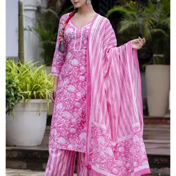 PARTHVI Floral Printed Thread Work Straight Kurta With Trousers & Dupatta-21