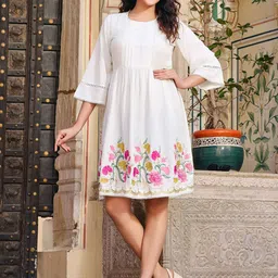 VIBE VISION Floral Printed Gathered Flared Sleeves Fit And Flare Dress-image-30