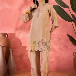 Sangria Embroidered Round Neck Tunic With Trouser Co-Ords-19