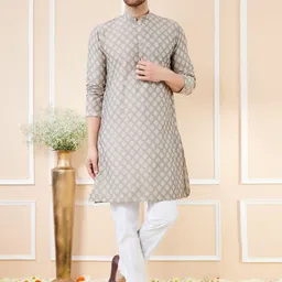 See Designs Ethnic Motifs Woven Design Mandarin Collar Straight Kurta With Pyjamas-4