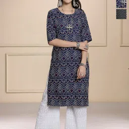 HERE&NOW Selection Of 3 Bandhani Printed Round Neck Straight Kurtas-image-44