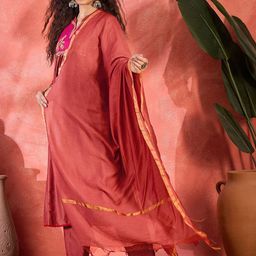 BAESD Floral Yoke Design Mandarin Collar Sequinned Straight Kurta With Trousers & Dupatta-15