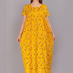 AAKARSHANA CREATION Yellow Pure Cotton Maxi Printed Nightdress-image-101