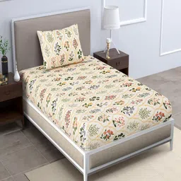 Aura Cream-Coloured Floral Printed 144 TC Microfiber Single Bedsheet Set 1.52 m x 2.28 m-image-97