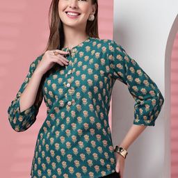 Pristyle Women Teal Ethnic Floral Print Top with Puff Sleeves-picture-42