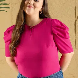 Berrylush Curve Keyhole Neck Puff Sleeve Top-image-24