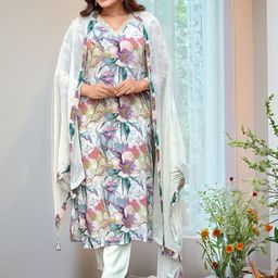 Aaghnya Floral Printed V-Neck Straight Kurta With Trousers & Dupatta-image-17