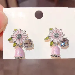 VAGHBHATT Silver-Plated Crystals Studded Floral Shaped Drop Earrings-32