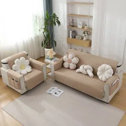HOKIPO Beige Polyester 2 Seater Waterproof Sofa Cover With Arms-image-75