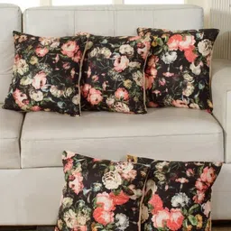 Shadowkart Black & Pink 5 Pieces Floral Printed Velvet Square Cushion Covers-image-84