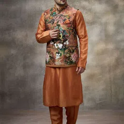 Rivaar By Rocky Star Floral Printed Mandarin Collar Kurta With Pyjamas & Nehru jacket-image-47