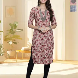 HERE&NOW Selection Of 3 Floral Printed Round Neck Straight Kurtas-picture-48