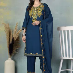 Shine N Sober Floral Embroidered Round Neck Straight Kurta With Trousers & Dupatta-picture-29
