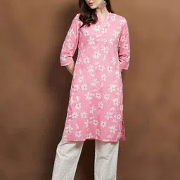 Melange by Lifestyle Floral Printed Mandarin Collar Pure Cotton Straight Kurta-image-18
