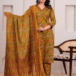 RANI PRINTS Floral Printed V-Neck Pure Cotton Straight Kurta With Trousers & Dupatta-picture-10