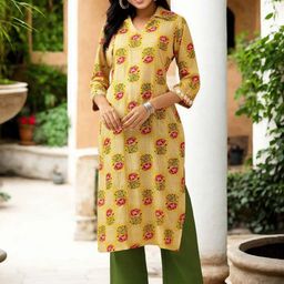 Anouk Floral Printed Shirt Collar Mirror Work Straight Kurta With Trouser-14