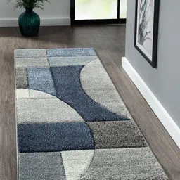 OBSESSIONS Grey & Blue Geometric Rectangular Antistatic Non Slip Bedside Floor Runner-25