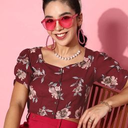 Moda Rapido Floral Print Puff Sleeve Crepe Crop Top-picture-44