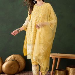 Sangria Yellow Floral Embroidered Pure Cotton Kurta & Trousers With Dupatta-image-50
