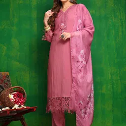 KALINI Women Regular Thread Work Chanderi Cotton Kurta with Trousers & With Dupatta-25