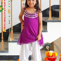 Thread & Button Girls Leheriya Regular Thread Work Silk Chiffon Kurta with Trousers image 3