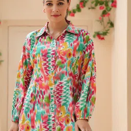 Rain & Rainbow Women Abstract Printed Shirt Collar Pure Cotton Top-picture-9