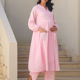 Janasya Women's Light Pink Dobby Pure Cotton Self Design A-line Maternity Kurta Pant Set-image-7