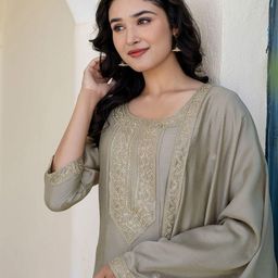 KALINI Beige Silk Blend Embroidered Anarkali Kurta Trousers With Dupatta-image-26