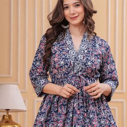 SITA FASHION HUB Floral Printed V-Neck Pure Cotton Anarkali Kurti-image-81